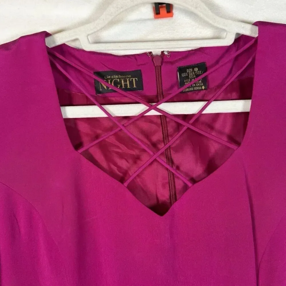 Vintage 90s Liz Claiborne Night Silk Maxi Dress Fuchsia Pink Size 8 Criss Cross